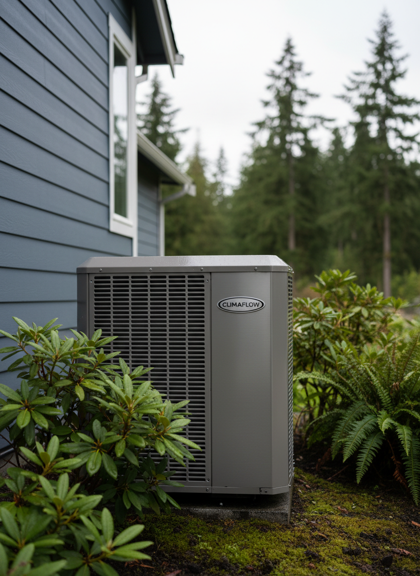 A sleek, modern outdoor HVAC condenser unit with a brushed metallic housing and clean, dark gray grille, installed beside a freshly sided suburban home in the Pacific Northwest. Lush green shrubs and damp, mossy ground surround the unit, hinting at the nearby Puget Sound climate. Soft overcast daylight evenly illuminates the scene, creating gentle highlights on the metal edges and subtle reflections on the logo badge. Captured at eye-level with a slight three-quarter angle, the unit fills the foreground in sharp focus while the home’s siding and blurred background trees recede softly. The mood is professional, reliable, and quietly high-tech, rendered in crisp photographic realism with a clean, contemporary aesthetic.