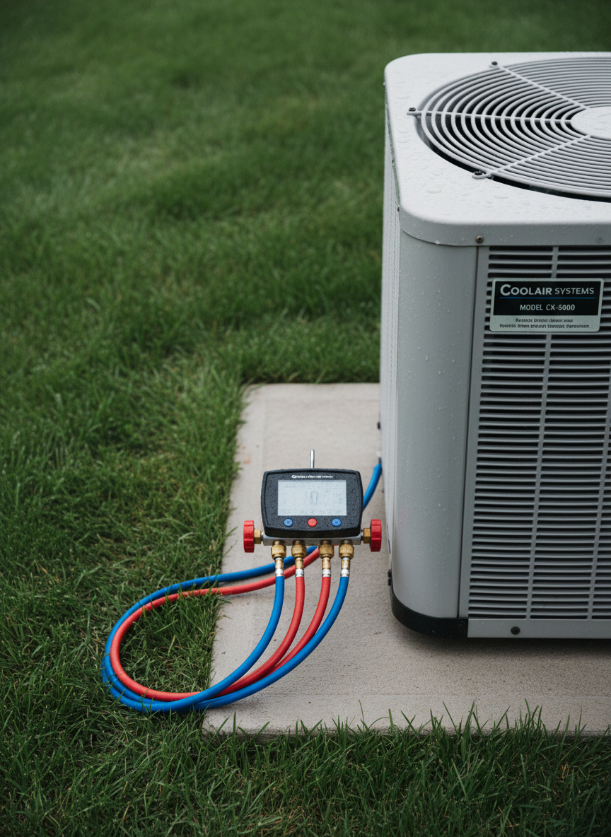 A close-up of an HVAC technician’s tool layout without any human presence: a high-quality digital manifold gauge set with bright blue and red hoses coiled neatly beside a compact, efficient air conditioning condenser unit. The unit’s fan grille, label, and textured metal casing are sharply defined, showing minor condensation droplets on a cool morning. The tools rest on a clean concrete pad surrounded by damp, dark green grass typical of the Sound region. Soft, overcast daylight enhances every detail without harsh shadows. Photographed from a slightly top-down angle with moderate depth of field, the manifold gauges and hose connections are in crisp focus while the background fades gently. The mood is precise, professional, and service-oriented in clear photographic realism.