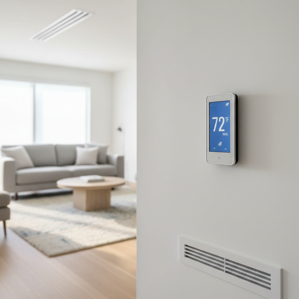 A modern open-concept living room showcasing a slim, wall-mounted smart thermostat with a bright, clear digital display reading an ideal temperature, positioned on a smooth white wall. In the softly blurred background, a high-efficiency supply vent and discreet return grille are integrated into the ceiling and baseboard, emphasizing unobtrusive comfort. Gentle afternoon daylight filters in from an unseen window, creating a calm, diffused glow across the minimalist furniture and light hardwood floors. Shot from a slightly side-on, close-up angle of the thermostat with shallow depth of field, the display is in perfect focus while the room melts into soft bokeh. The mood is comfortable, controlled, and quietly luxurious, with clean photographic realism and a modern, Pacific Northwest aesthetic.