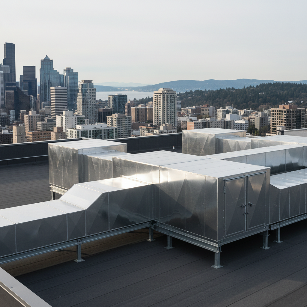 A rooftop commercial HVAC installation on a mid-rise building overlooking a distant hint of water and evergreen-covered hills, evoking the Puget Sound region. Multiple large, rectangular air handling units and duct chases with gleaming galvanized surfaces sit on raised supports over a flat, membrane roof. Early morning overcast light creates soft, even illumination with subtle specular highlights on metal edges and muted reflections on access panels. The sky is a pale, cool gray, enhancing the professional, industrial mood. Captured from a slightly elevated corner angle, the foreground units appear crisp and detailed while the city skyline and hills fall gently out of focus. The composition emphasizes scale, reliability, and modern engineering in true-to-life photographic realism.