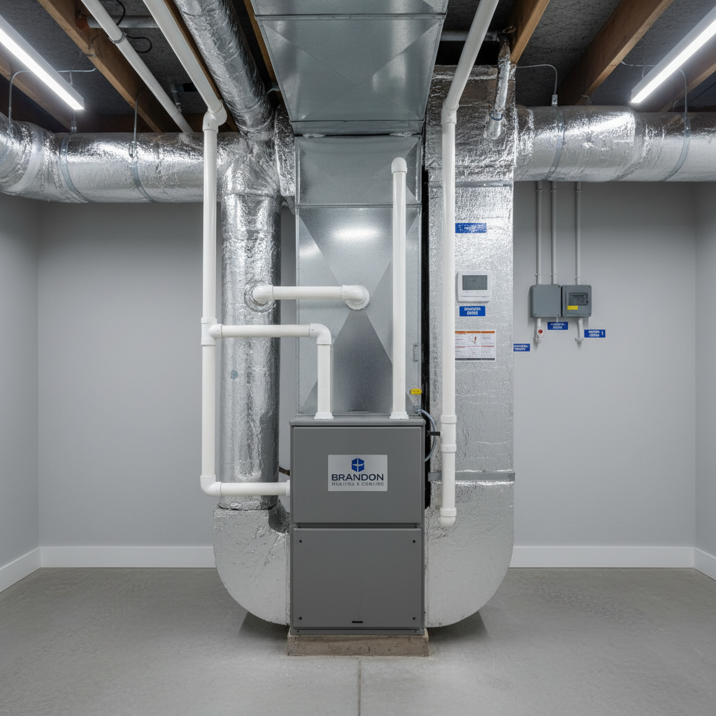 A meticulously organized residential furnace and air handler system in a spotless basement mechanical room, featuring a silver high-efficiency furnace, insulated galvanized ductwork, and bright white PVC condensate lines. The concrete floor is freshly sealed, and the surrounding walls are painted a soft light gray, with neatly labeled thermostats and control boxes mounted nearby. Cool, even LED ceiling lights create a neutral, shadow-free environment, giving each component a precise, technical appearance. Photographed straight-on with sharp focus throughout, the composition emphasizes clarity and order, ideal for explaining professional HVAC installation quality. The atmosphere feels trustworthy, methodical, and detail-focused, in clean photographic realism that supports a professional brand image.