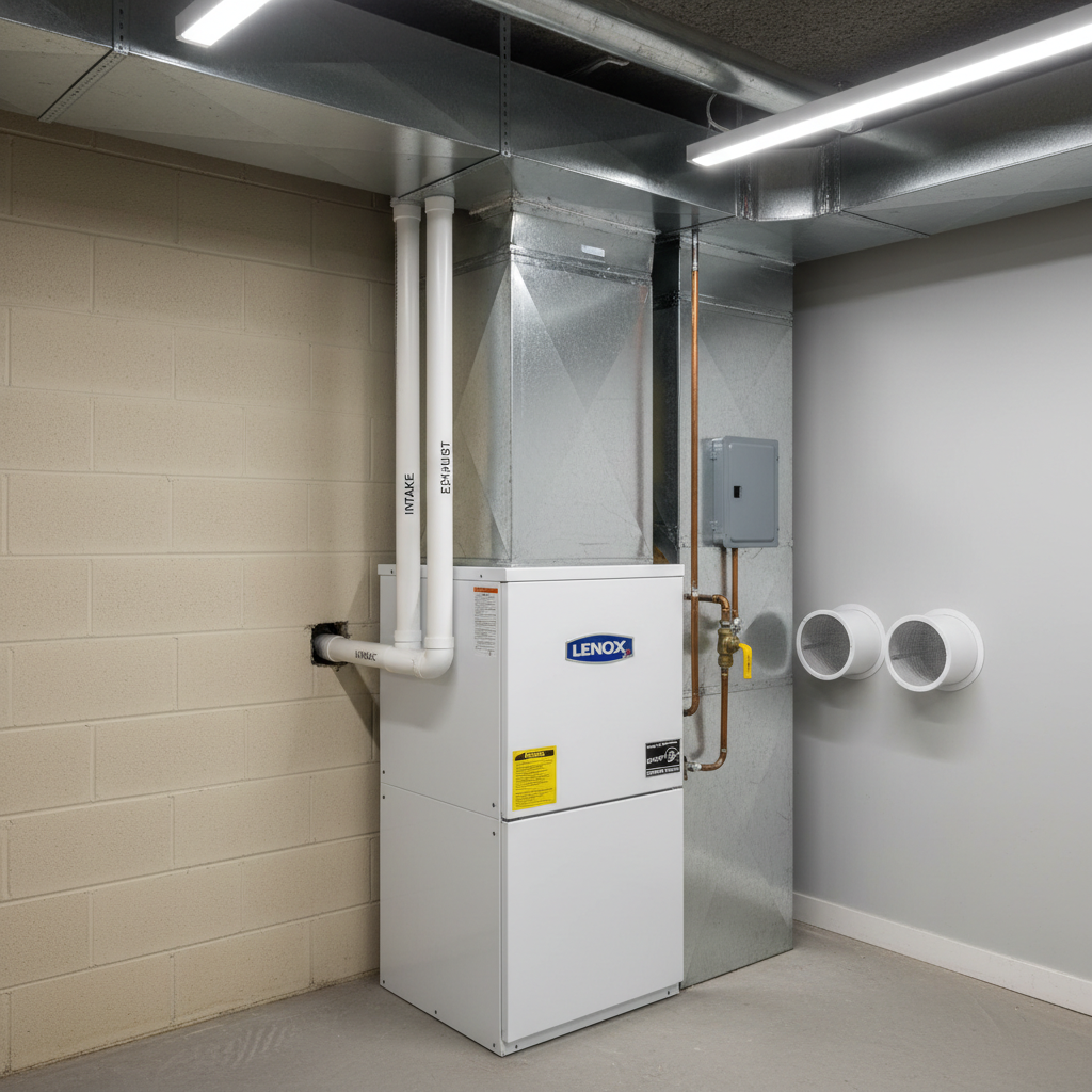 Photorealistic image of a modern high-efficiency gas furnace in a clean, well-lit basement, clearly showing a code-compliant exhaust system: two rigid white PVC pipes (intake and exhaust) leaving the top or upper side of the furnace, running horizontally with a slight upward pitch, then exiting through the side wall with proper terminations. No metal B-vent flue and no flexible dryer vent hose anywhere. The metal furnace cabinet is closed and labeled, with tidy copper gas line, shutoff valve, and electrical disconnect. Supply and return ductwork above is properly sealed and supported. Overall scene should look realistic, professional, and clearly correct to an HVAC technician.