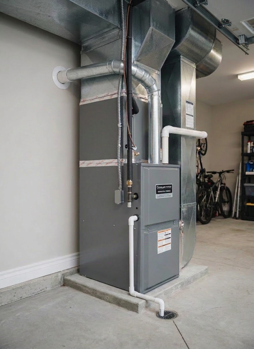 Residential HVAC furnace system setup Modern residential HVAC furnace system with ductwork and control panel in garage