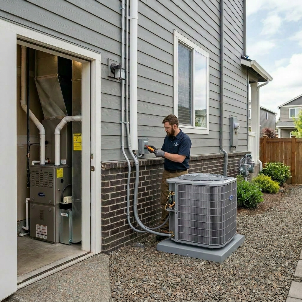 Modern residential furnace system setup Two HVAC technicians checking outdoor air conditioning unit with gauges and tools