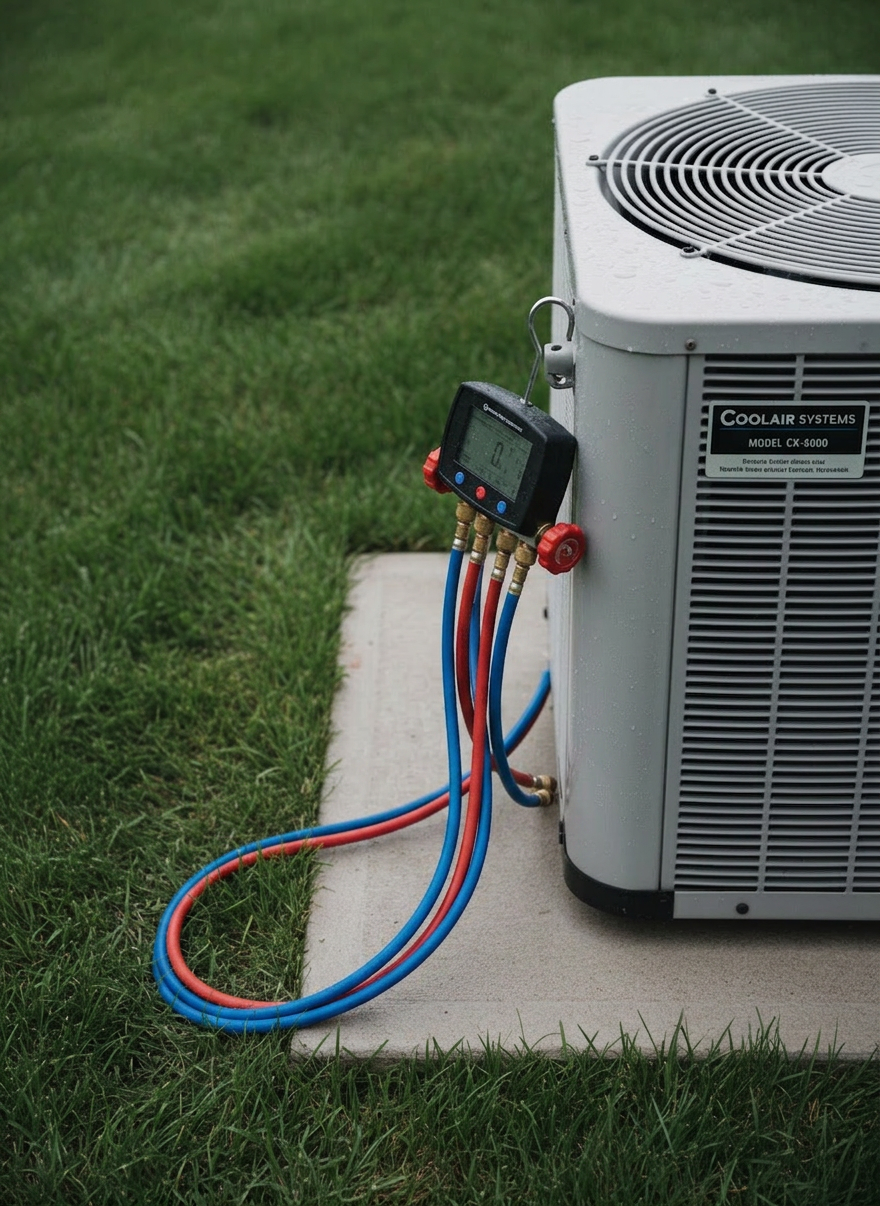 HVAC A close-up of an HVAC technician’s tool layout without any human presence: a high-quality digital manifold gauge set with bright blue and red hoses coiled neatly beside a compact, efficient air conditioning condenser unit. The unit’s fan grille, label, and textured metal casing are sharply defined, showing minor condensation droplets on a cool morning. The tools rest on a clean concrete pad surrounded by damp, dark green grass typical of the Sound region. Soft, overcast daylight enhances every detail without harsh shadows. Photographed from a slightly top-down angle with moderate depth of field, the manifold gauges and hose connections are in crisp focus while the background fades gently. The mood is precise, professional, and service-oriented in clear photographic realism.
