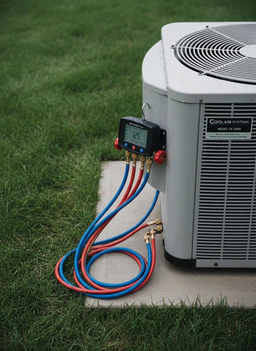 A close-up of an HVAC technician’s tool layout without any human presence: a high-quality digital manifold gauge set with bright blue and red hoses coiled neatly beside a compact, efficient air conditioning condenser unit. The unit’s fan grille, label, and textured metal casing are sharply defined, showing minor condensation droplets on a cool morning. The tools rest on a clean concrete pad surrounded by damp, dark green grass typical of the Sound region. Soft, overcast daylight enhances every detail without harsh shadows. Photographed from a slightly top-down angle with moderate depth of field, the manifold gauges and hose connections are in crisp focus while the background fades gently. The mood is precise, professional, and service-oriented in clear photographic realism.